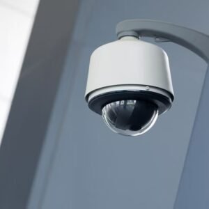 Dome security camera mounted on a wall