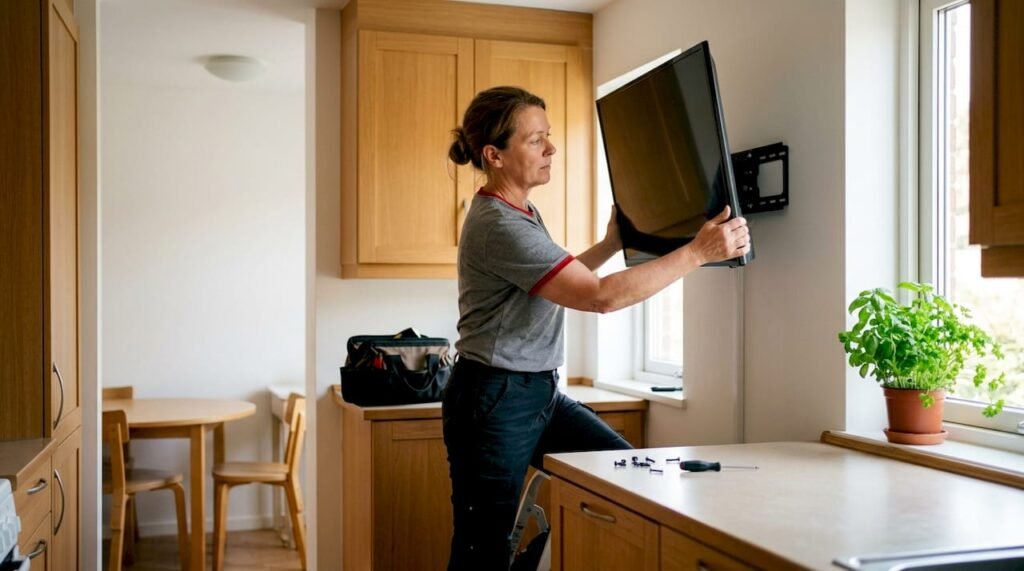 Woman securing TV on wall mount in living room