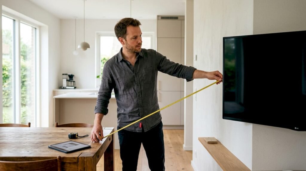 Man measuring viewing distance to TV screen
