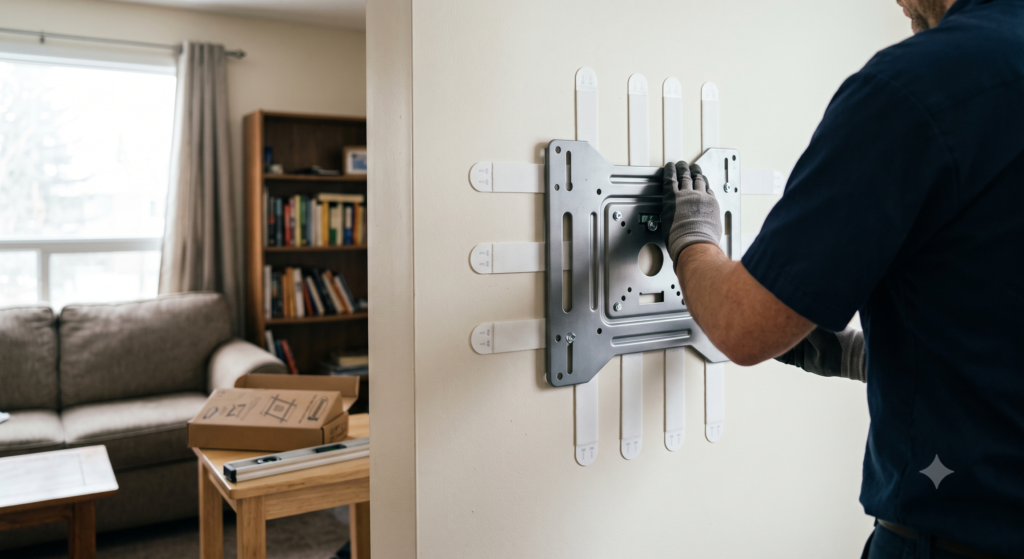 Installer fastening a TV wall bracket to the wall with a drill