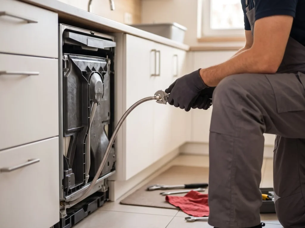 Technician connecting the water supply hose of a built-in dishwasher under a kitchen counter