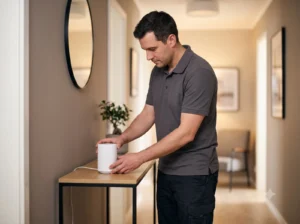 Mesh WiFi node installed in a home hallway