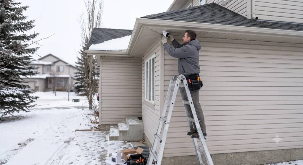 Technician on a ladder installing an exterior security camera on a house in winter