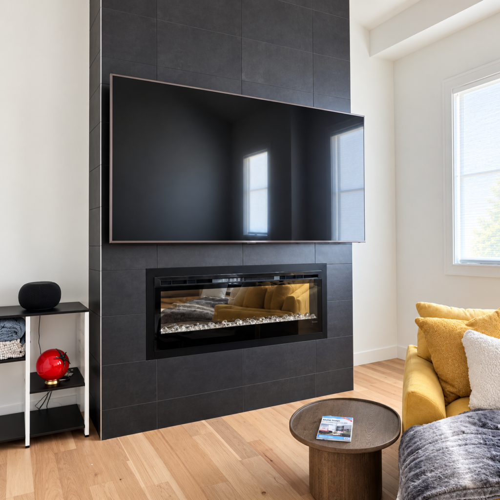 TV mounted on a dark tile wall above an electric fireplace