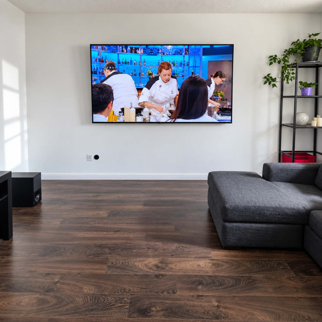 Large TV mounted on a living room wall