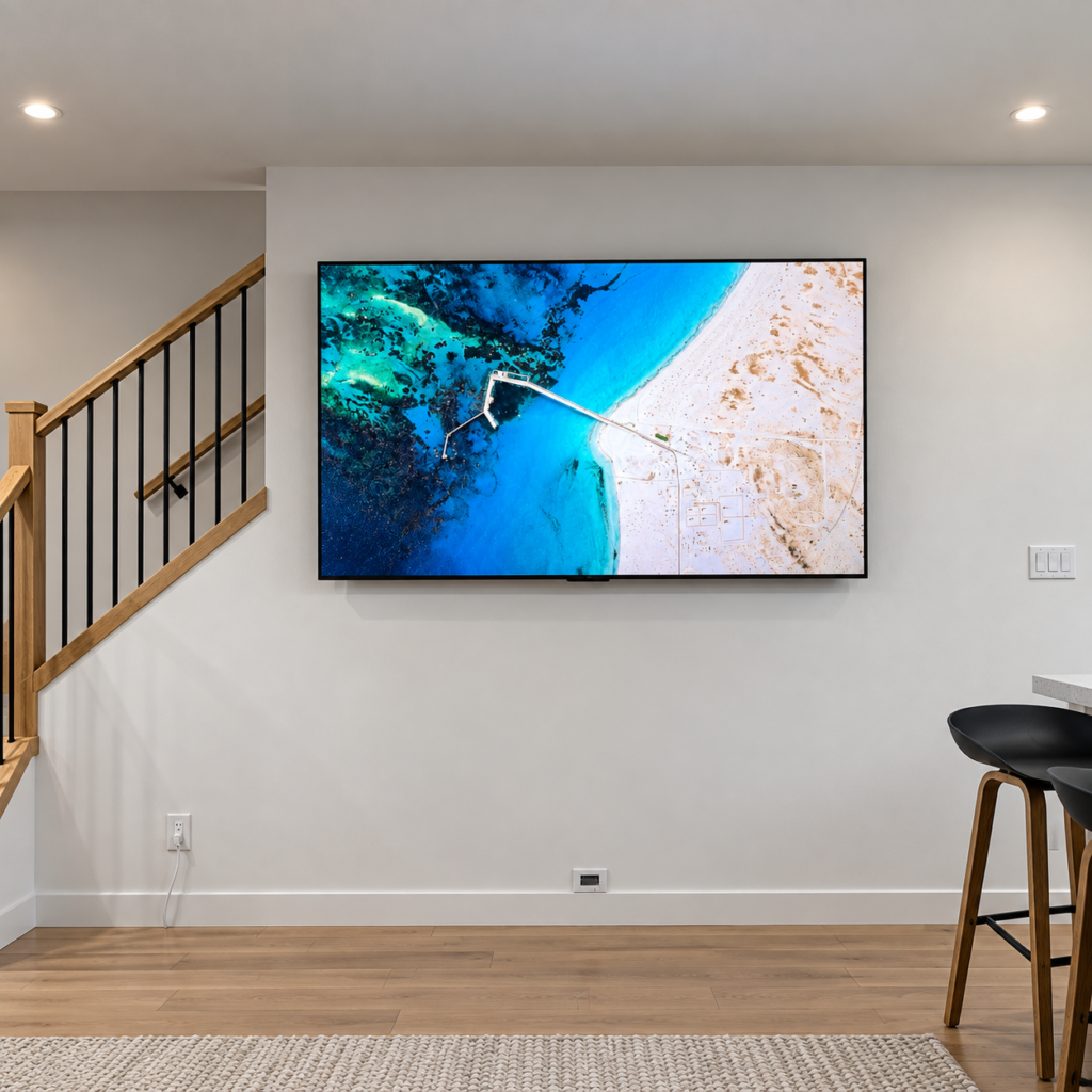 TV mounted on a living room wall with hidden wires