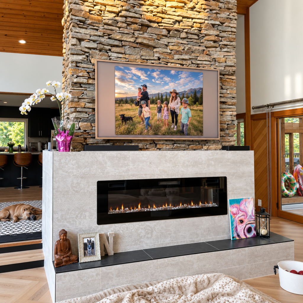 Samsung Frame TV mounted on a stone fireplace wall