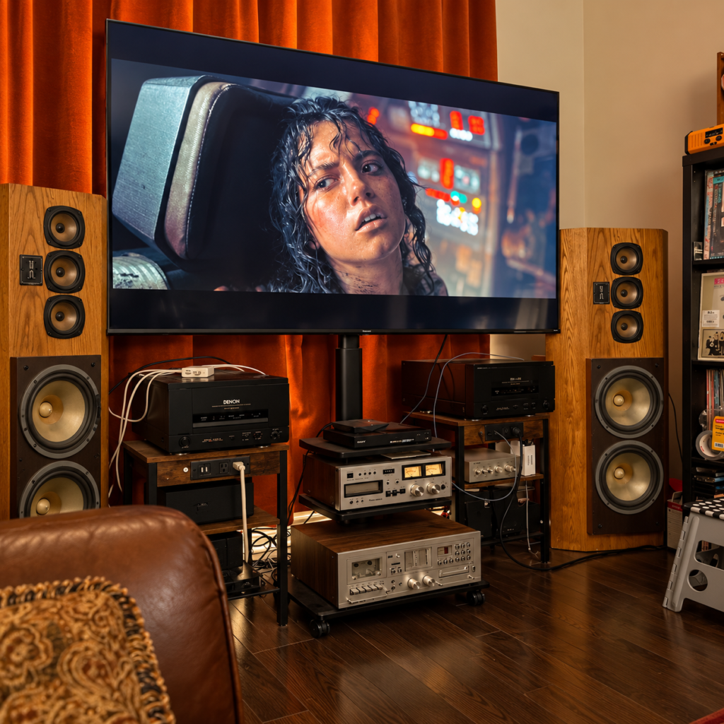 Home theatre with a large TV, floor-standing speakers and audio equipment installed by Pixl Canada