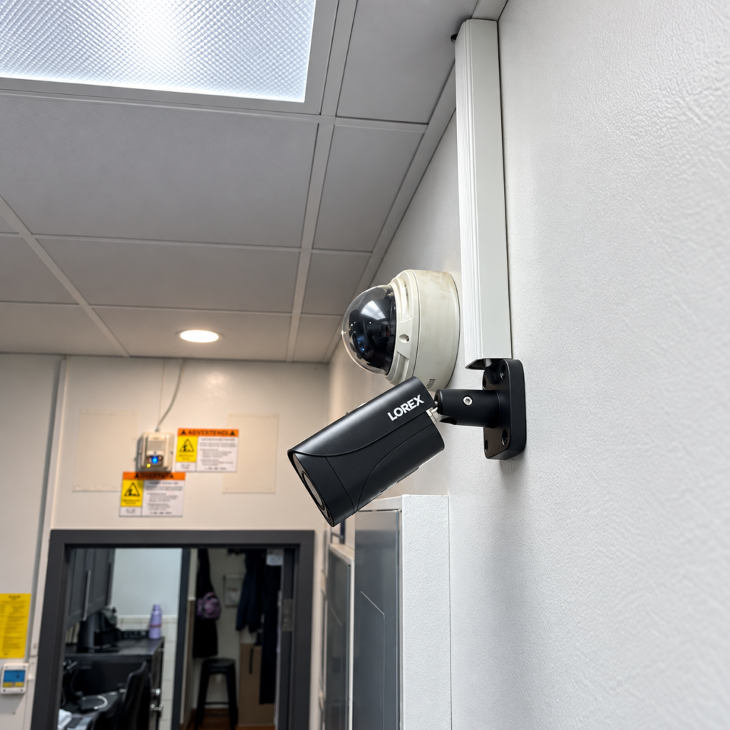 Lorex bullet camera and dome security camera installed on an exterior wall by Pixl Canada