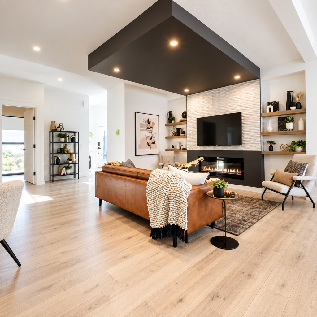 TV mounted on a tile feature wall above a fireplace in an open living room