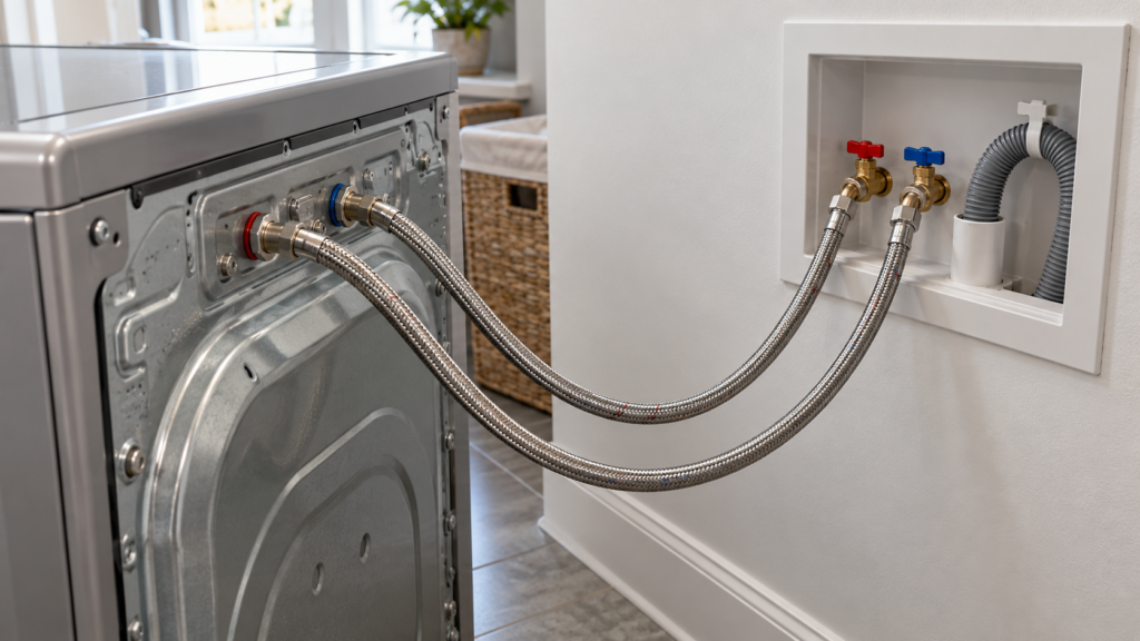 Washer hoses connected to accessible laundry-room valves.