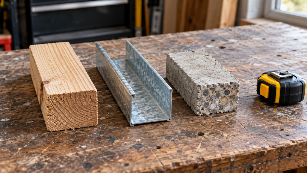 Timber, steel and concrete samples used to discuss wall types.