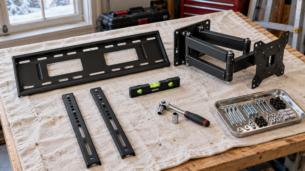 TV mounts, rails and tools on a workbench.