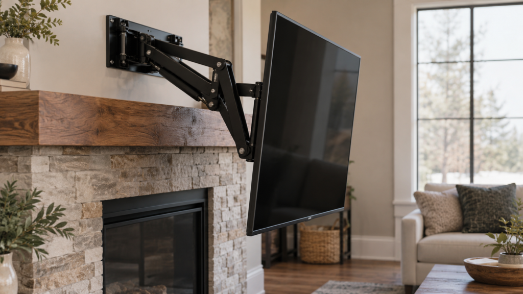 A pull-down TV mount lowered in front of an unlit fireplace.