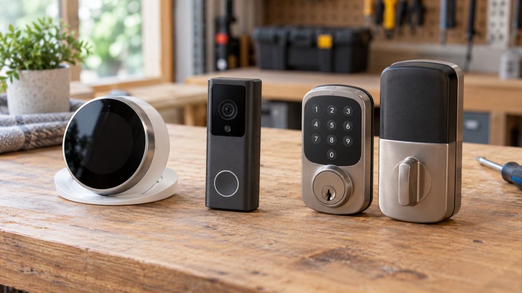 Separate thermostat, doorbell and lock devices on a worktable.