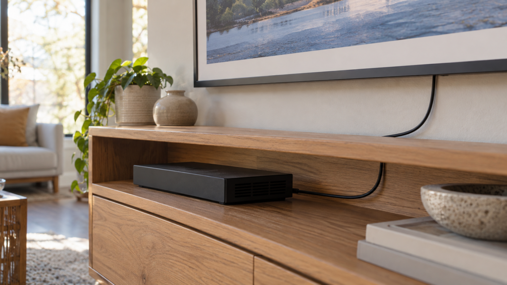An external connection box on an open media-console shelf.