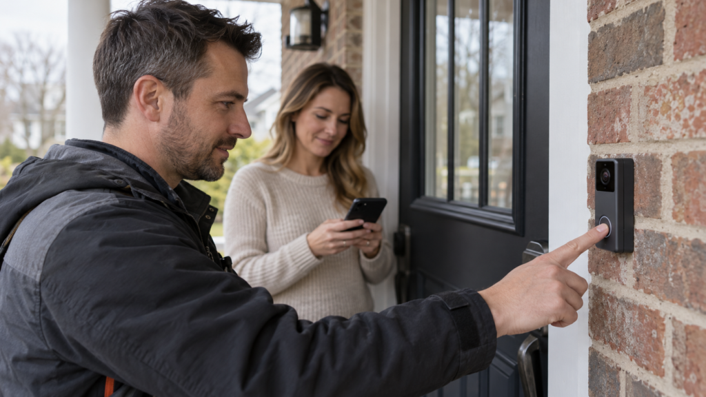 A homeowner and an installer testing a porch video doorbell.
