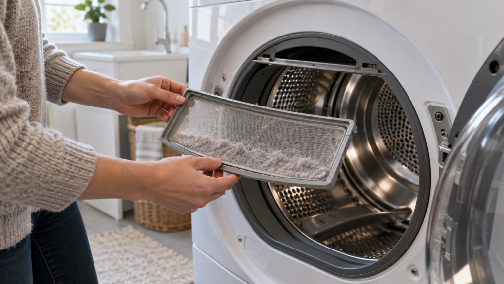Removing the lint screen from a front-loading dryer.