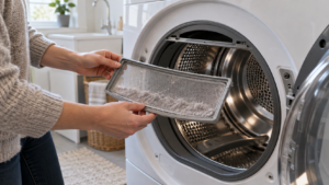 Removing the lint screen from a front-loading dryer.