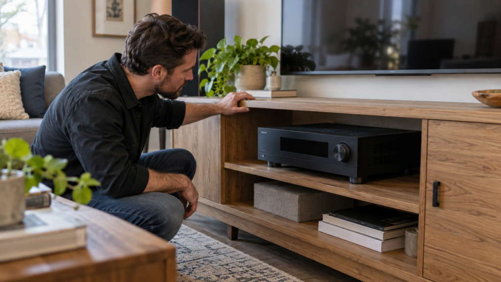 An installer checking AV receiver ventilation on a media console.