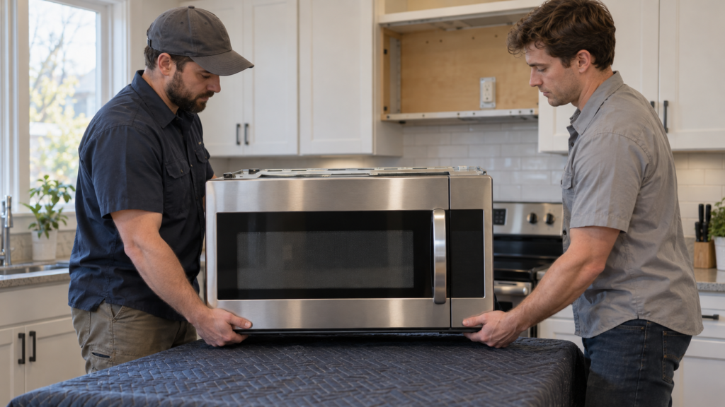 Two installers lifting an over-the-range microwave.