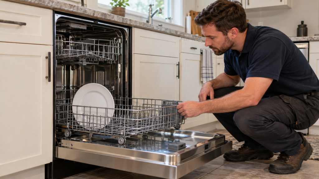 An installer checking the rack alignment of a new dishwasher.