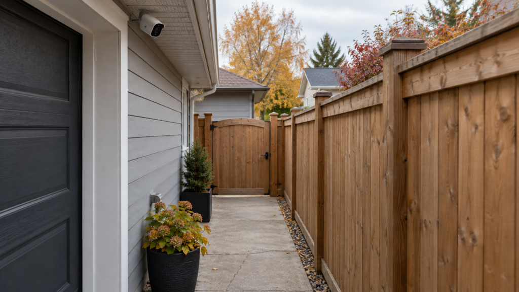 A security camera on a house wall facing a side-yard gate.