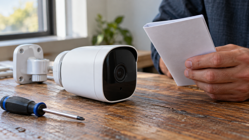 Close view of a security camera housing.