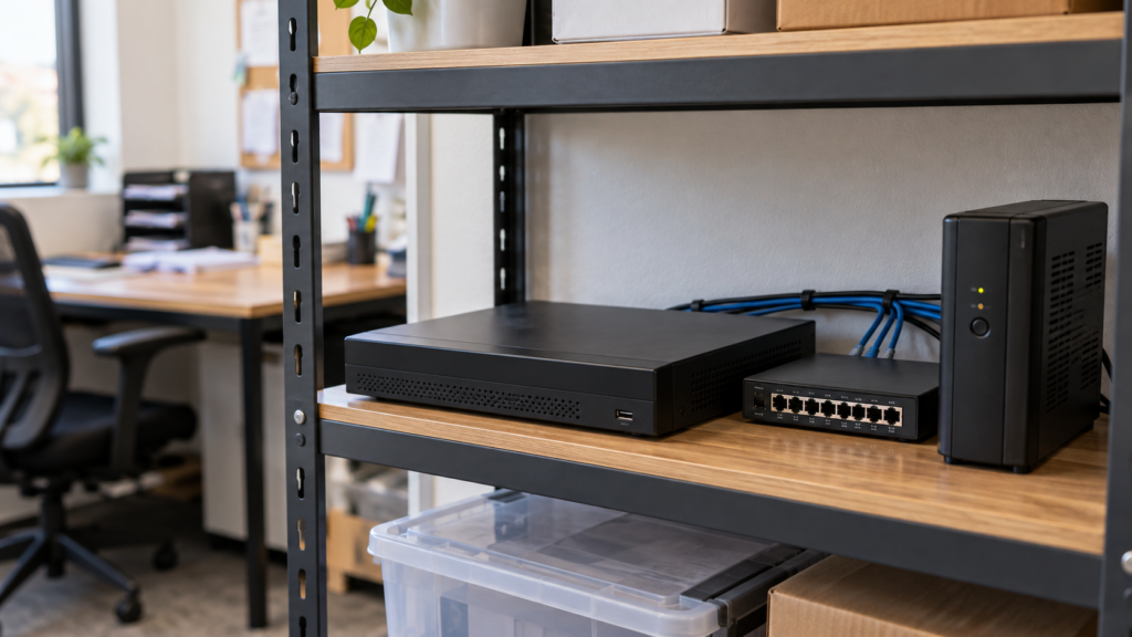A network recorder, switch and battery backup arranged on a shelf.