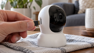 Inserting a microSD card into a home security camera.