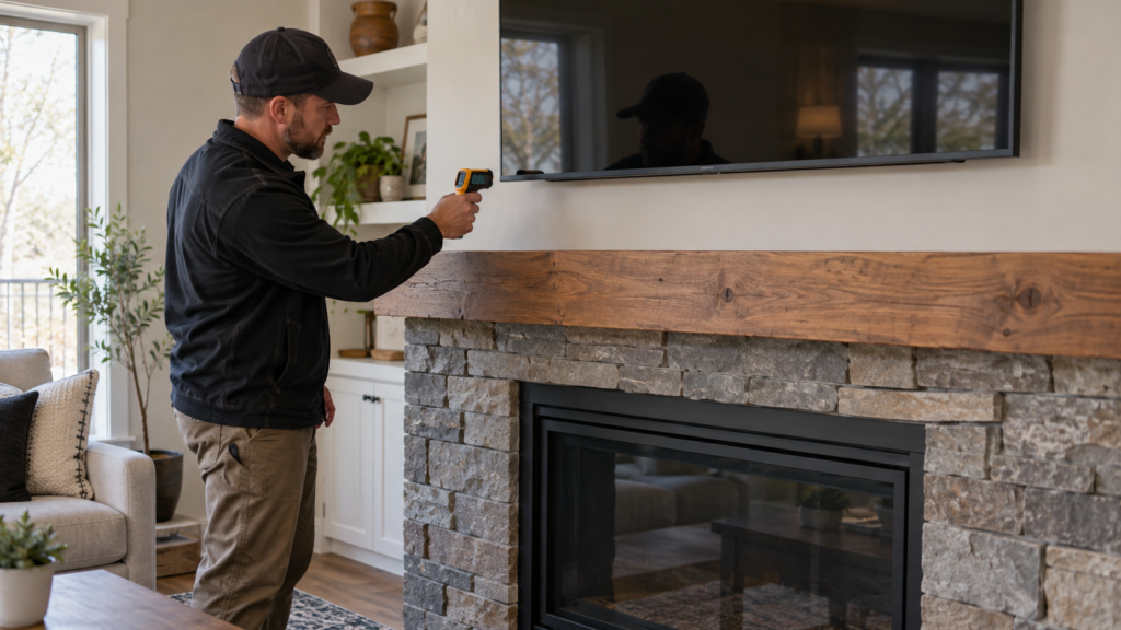 A TV installed above an unlit fireplace and mantel.