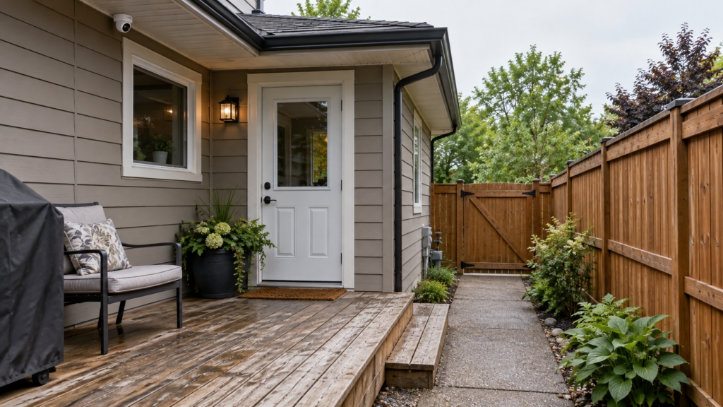A back patio entrance and side-yard path, shown while planning camera placement.