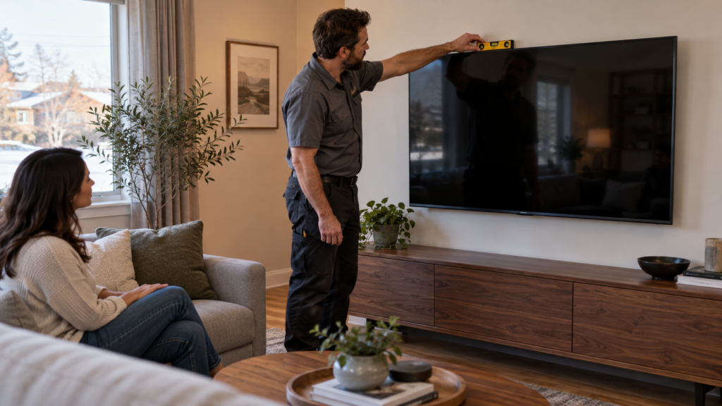 Checking the level of a completed TV installation.