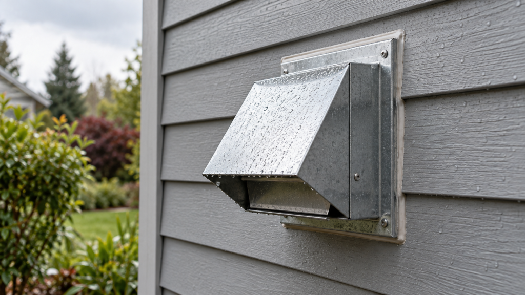 A metal exterior vent cap with raindrops on a house wall.