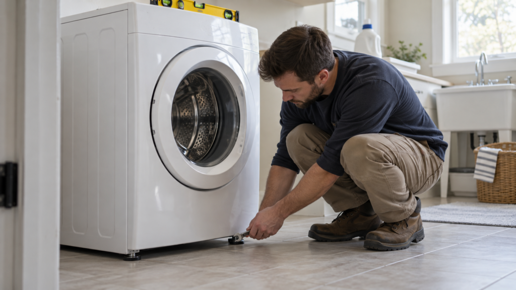 Checking a washing machine for level.