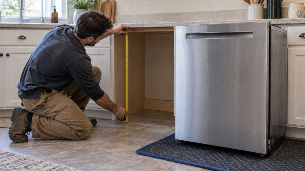 An installer measuring the cabinet opening for a dishwasher.