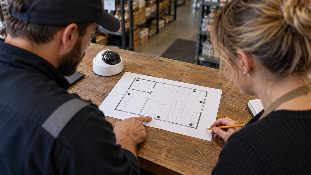 An installer and a shop owner planning dome camera placement on a floor plan.