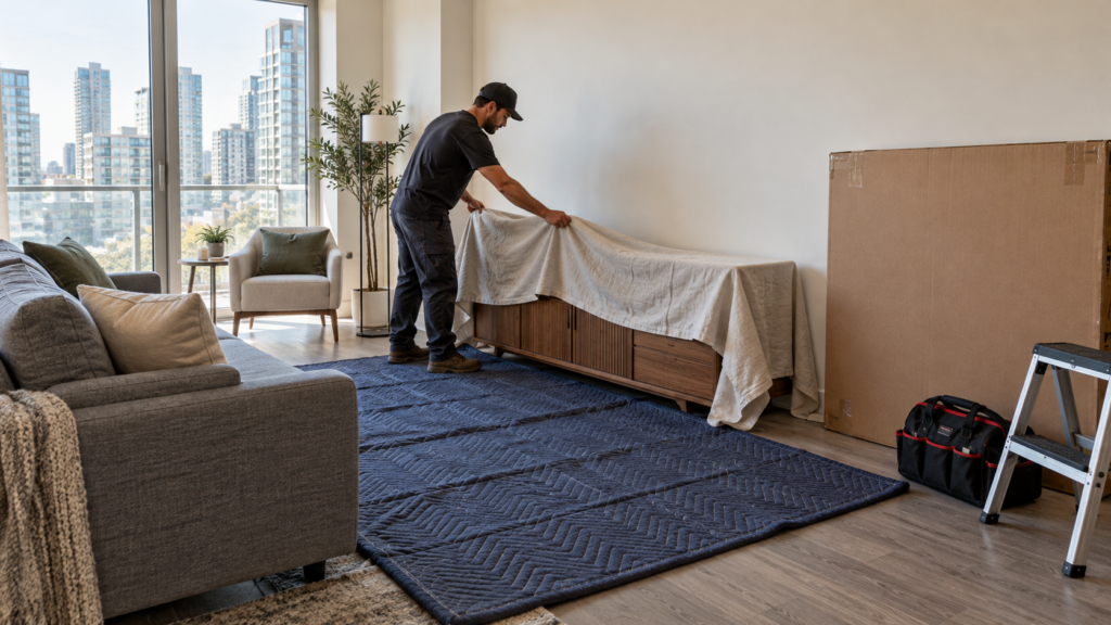A condo living room prepared for a TV mounting job.