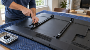 Fitting VESA brackets to the back of a TV on a protective blanket.