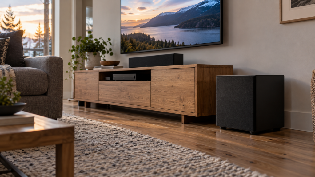 A compact subwoofer beside a media console under a wall-mounted TV.