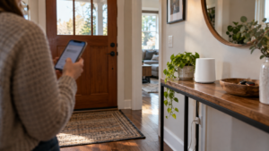 A mesh WiFi unit on a console table by a home entryway.