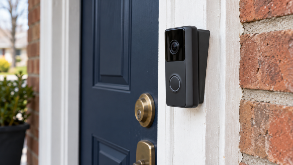 A battery video doorbell beside a navy door and brick wall.