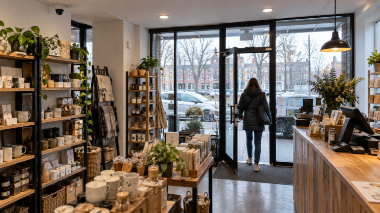 A small shop entrance with a ceiling camera covering the front door.