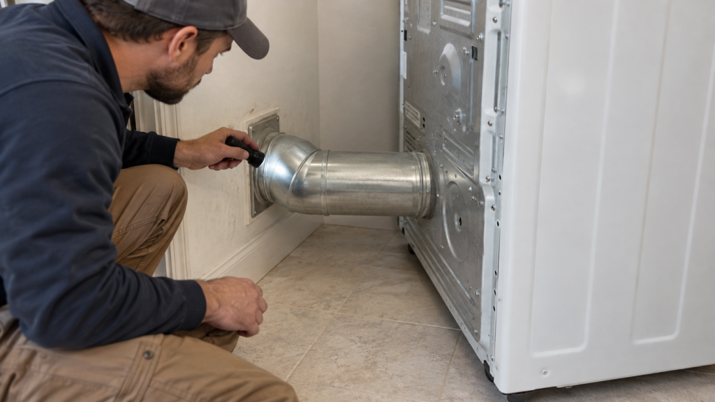 A metal dryer vent connection behind an electric dryer.