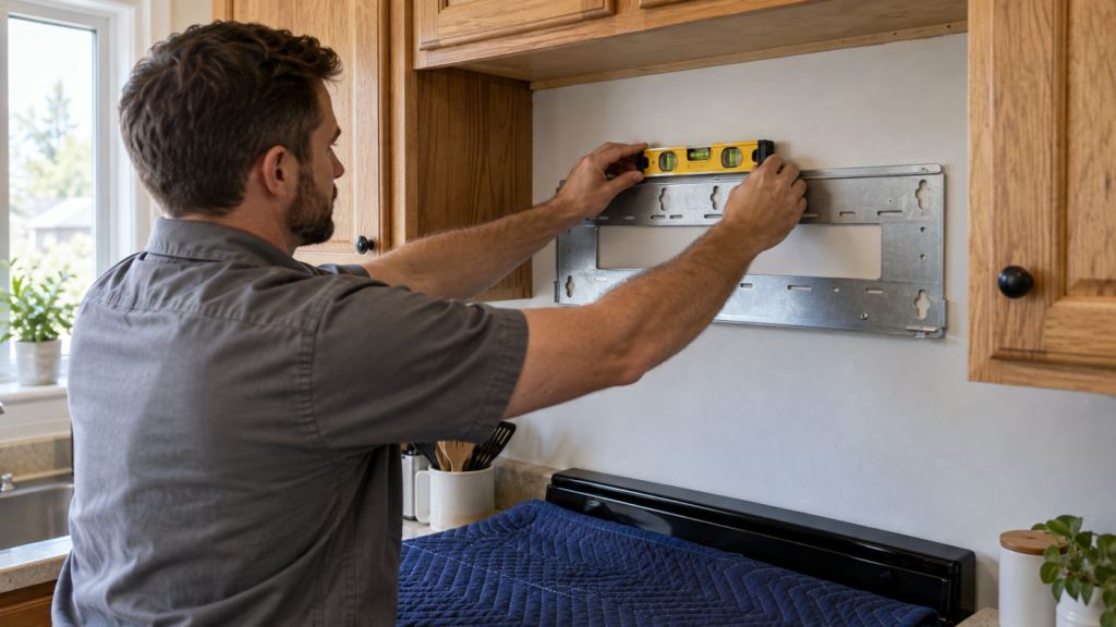 Levelling a microwave mounting plate on the wall below a cabinet.