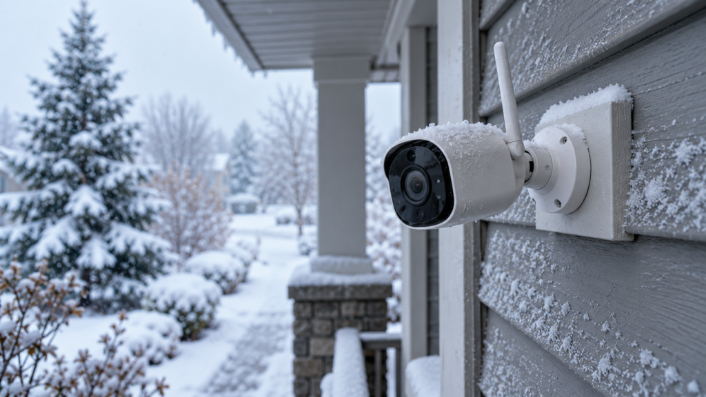 A wired exterior camera under an eave during snowfall.