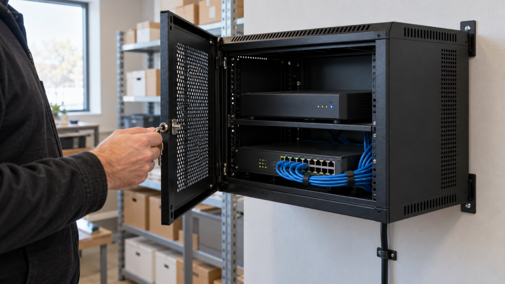 A locked wall cabinet holding a camera recorder and network switch.