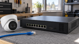 A network recorder with an Ethernet cable and a PoE dome camera.