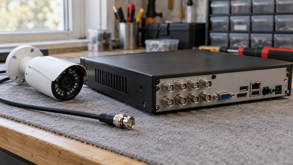 An older DVR with a bullet camera and a BNC coaxial cable.