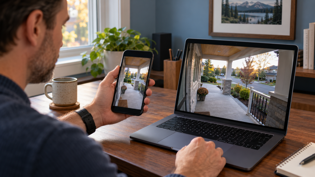 The same porch view shown on a phone and a laptop.